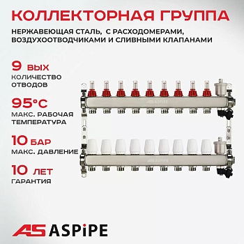 Изображение товара Коллектор  9 выхода 1"х3/4" с расходомерами и маевск. /нерж./(5шт/уп) в Миди Лтд