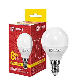 Изображение товара Лампа светодиодная IN HOME LED-ШАР-VC 8Вт 230В Е14 3000К 760Лм в Миди Лтд