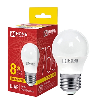 Изображение товара Лампа светодиодная IN HOME LED-ШАР-VC 8Вт 230В Е27 3000К 760Лм в Миди Лтд