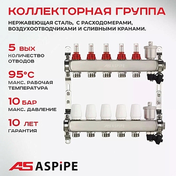 Изображение товара Коллектор 5 выхода 1"х3/4" с расходомерами и маевск. /нерж./(5шт/уп) в Миди Лтд