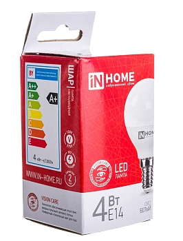 Изображение товара Лампа светодиодная IN HOME LED-ШАР-VC 4Вт 230В Е14 4000К 360Лм в Миди Лтд
