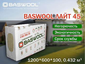 Изображение товара Минплита BASWOOL П-45 ЛАЙТ (НГ) 1200*600*100мм (уп-6шт/4,32кв.м/0,432куб.м) (16уп/пал) в Миди Лтд
