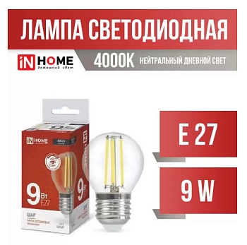 Изображение товара Лампа светодиодная IN HOME LED-Шар-Deco 9Вт Е27 4000К 810Лм 78*45 филамент прозрач в Миди Лтд
