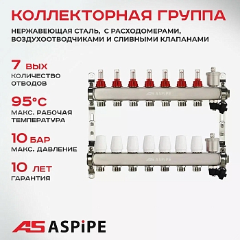 Изображение товара Коллектор  7 выхода 1"х3/4" с расходомерами и маевск. /нерж./(5шт/уп) в Миди Лтд